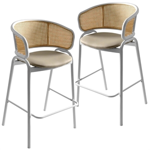 Ervilla Wicker Back and Leather Upholstered Bar Stool in Taupe/White (Set of 2)