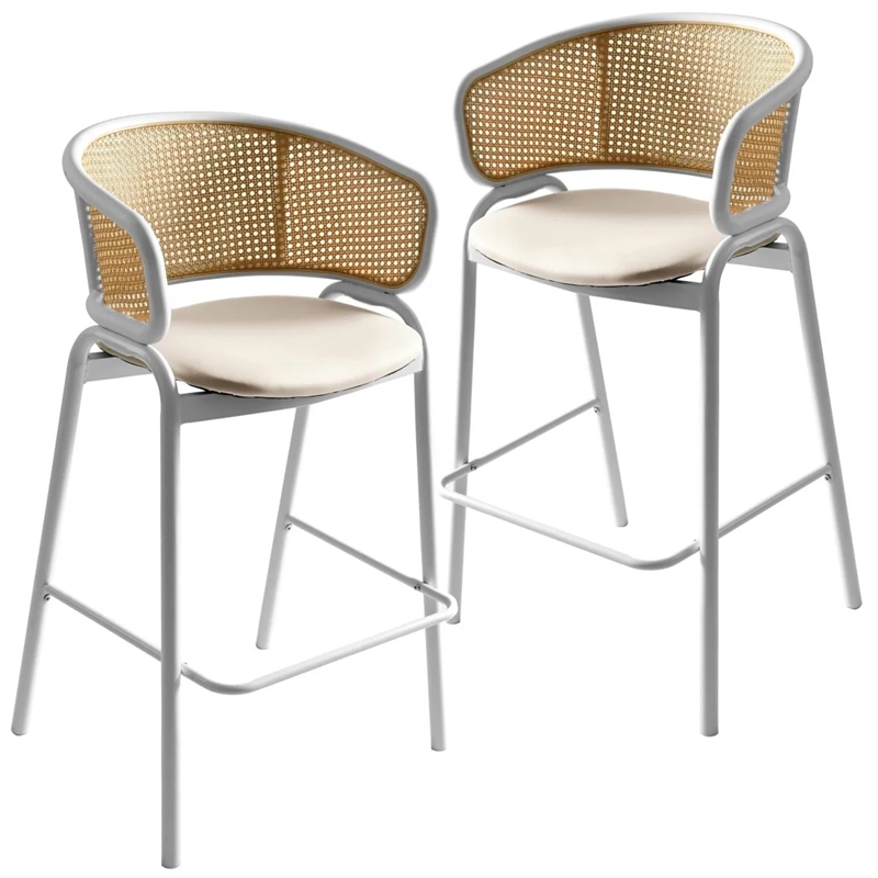 Ervilla Wicker Back and Leather Upholstered Bar Stool in White/White (Set of 2)