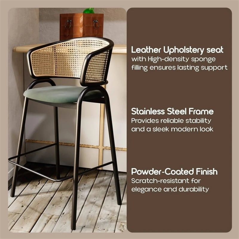 LeisureMod Ervilla Wicker Back and Leather Upholstered Bar Stool in Beige/Black