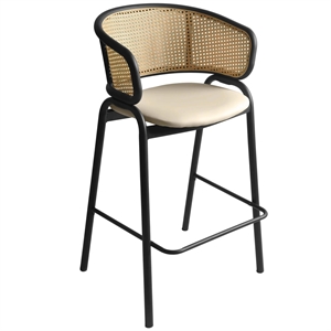 LeisureMod Ervilla Wicker Back and Leather Upholstered Bar Stool in Beige/Black