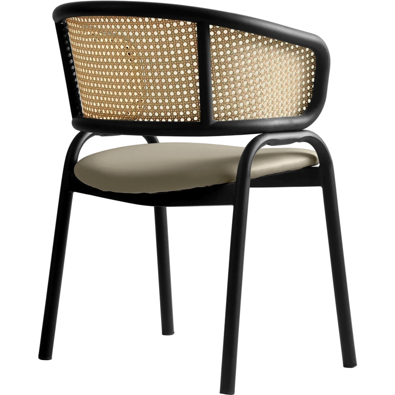 LeisureMod Ervilla Wicker Back and Leather Seat Dining Chair in Beige/Black