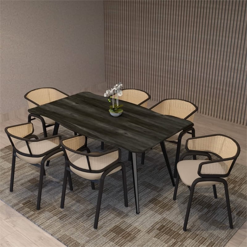 LeisureMod Ervilla Wicker Back and Leather Seat Dining Chair in Beige/Black