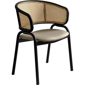 LeisureMod Ervilla Wicker Back and Leather Seat Dining Chair in Beige/Black