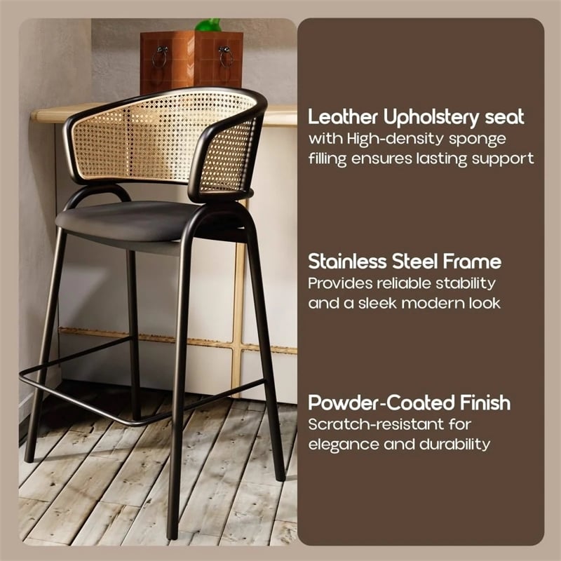 LeisureMod Ervilla Wicker Back and Leather Upholstered Bar Stool in Black/Black