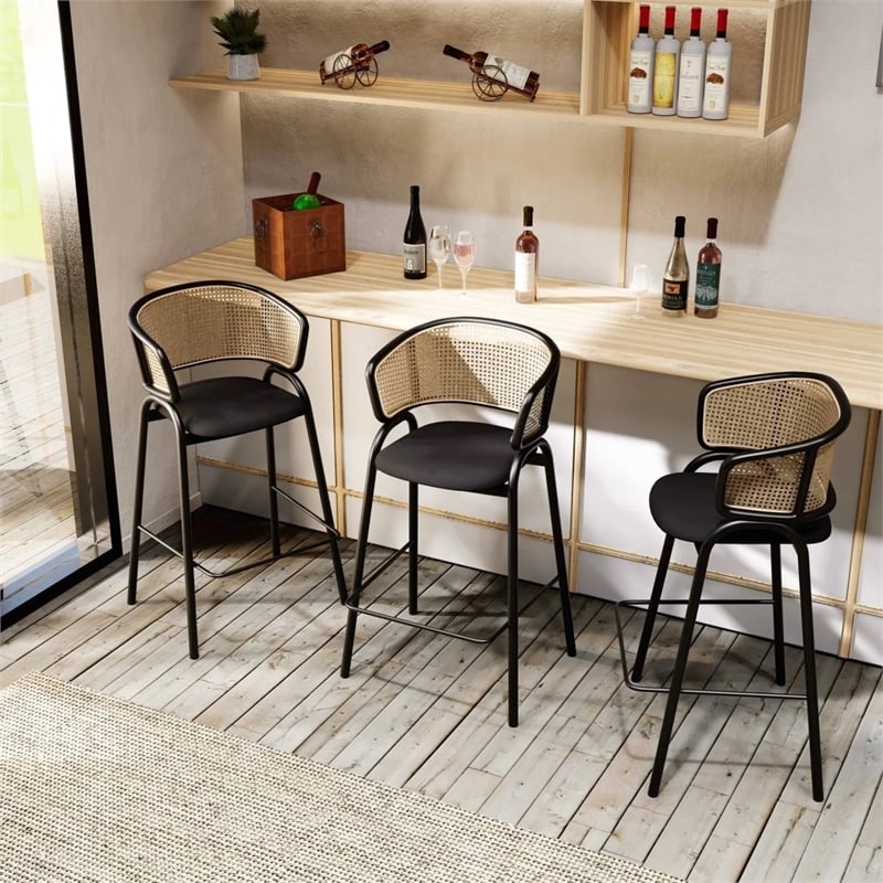 LeisureMod Ervilla Wicker Back and Leather Upholstered Bar Stool in Black/Black