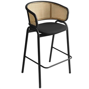 LeisureMod Ervilla Wicker Back and Leather Upholstered Bar Stool in Black/Black