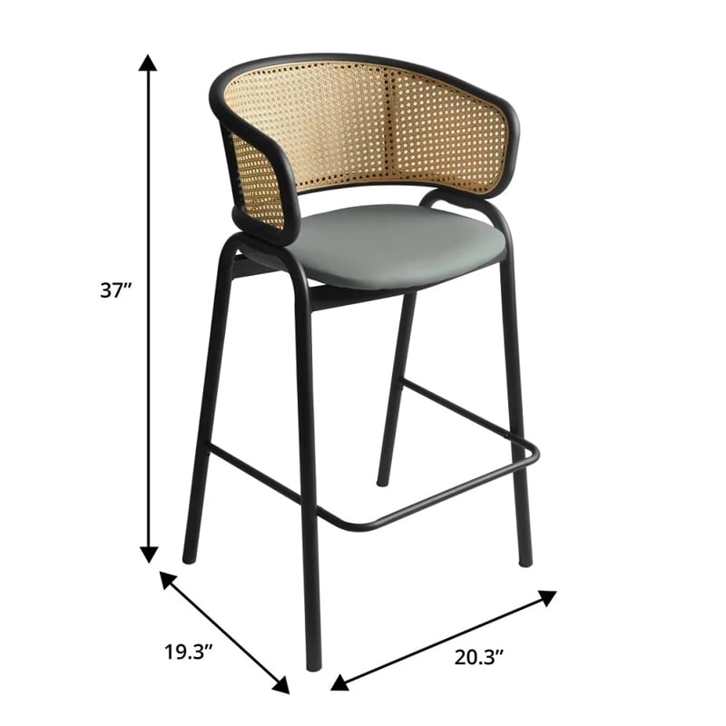 LeisureMod Ervilla Wicker Back and Leather Upholstered Bar Stool in Gray/Black