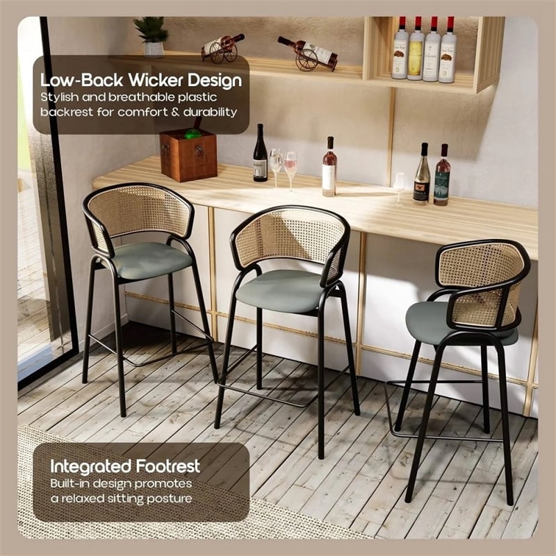 LeisureMod Ervilla Wicker Back and Leather Upholstered Bar Stool in Gray/Black