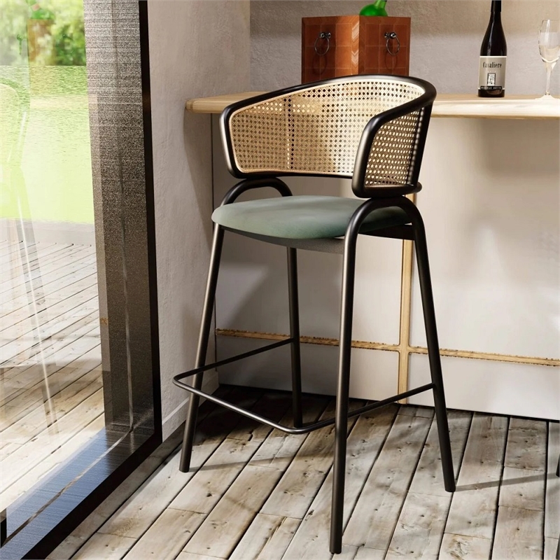 LeisureMod Ervilla Wicker Back and Leather Upholstered Bar Stool in Gray/Black