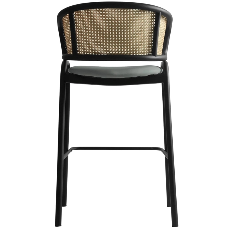 LeisureMod Ervilla Wicker Back and Leather Upholstered Bar Stool in Gray/Black