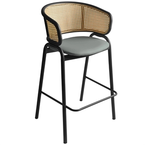 LeisureMod Ervilla Wicker Back and Leather Upholstered Bar Stool in Gray/Black