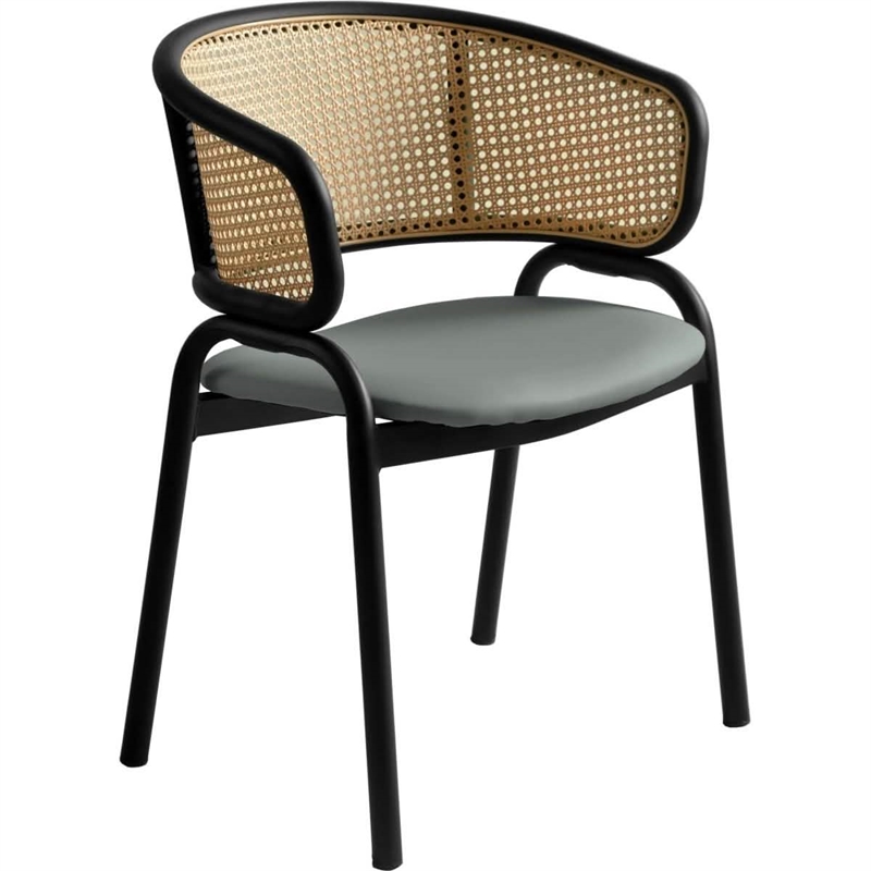 LeisureMod Ervilla Wicker Back and Leather Seat Dining Chair in Gray/Black