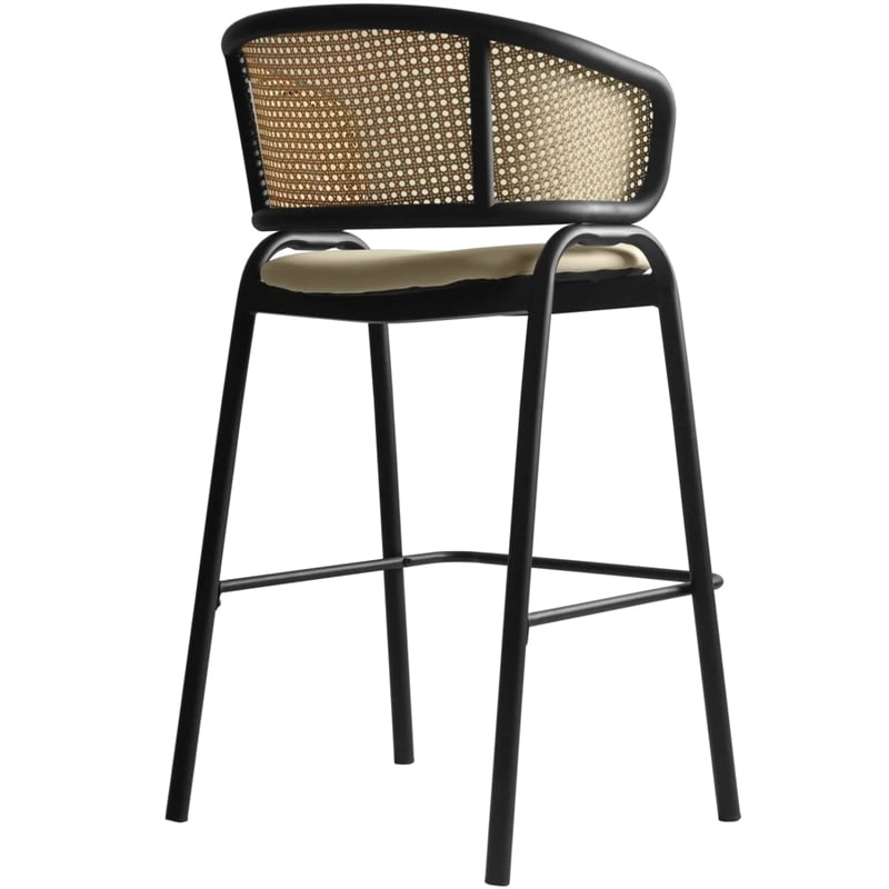 LeisureMod Ervilla Wicker Back and Leather Upholstered  Bar Stool in Taupe/Black