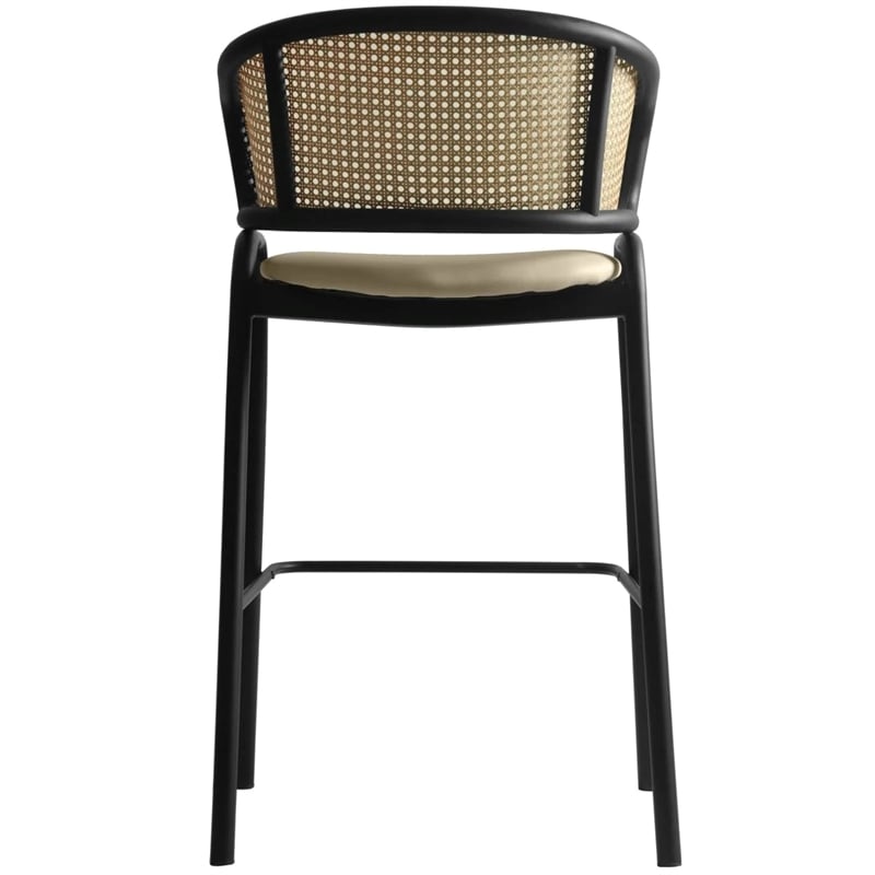 LeisureMod Ervilla Wicker Back and Leather Upholstered  Bar Stool in Taupe/Black