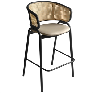 LeisureMod Ervilla Wicker Back and Leather Upholstered  Bar Stool in Taupe/Black
