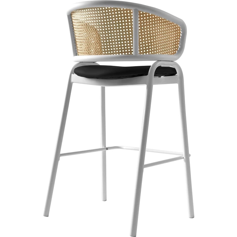 LeisureMod Ervilla Wicker Back and Leather Upholstered Bar Stool in Black/White