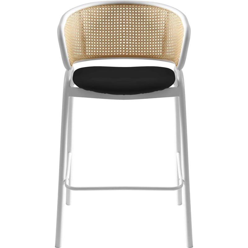 LeisureMod Ervilla Wicker Back and Leather Upholstered Bar Stool in Black/White