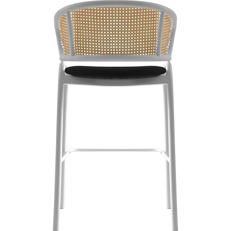LeisureMod Ervilla Wicker Back and Leather Upholstered Bar Stool in Black/White