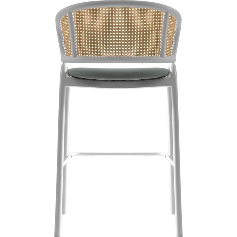 LeisureMod Ervilla Wicker Back and Leather Upholstered Bar Stool in Gray/White