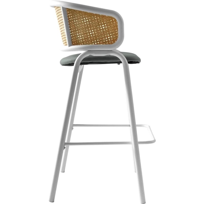 LeisureMod Ervilla Wicker Back and Leather Upholstered Bar Stool in Gray/White