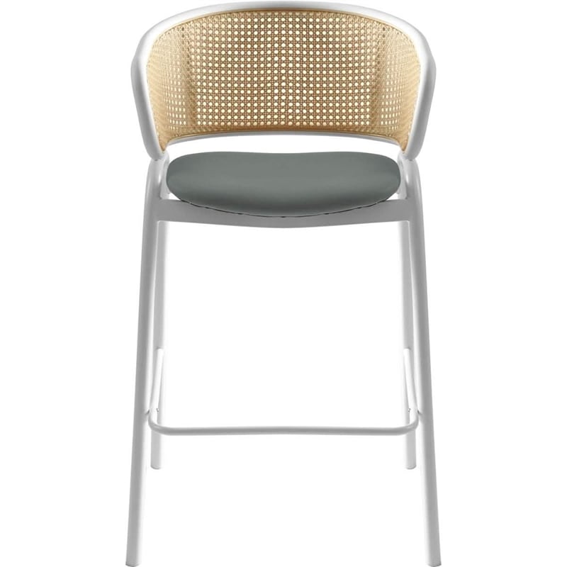 LeisureMod Ervilla Wicker Back and Leather Upholstered Bar Stool in Gray/White