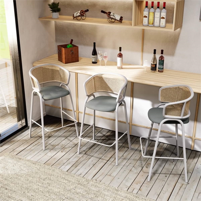 LeisureMod Ervilla Wicker Back and Leather Upholstered Bar Stool in Gray/White