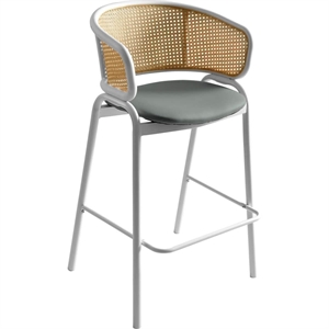 LeisureMod Ervilla Wicker Back and Leather Upholstered Bar Stool in Gray/White