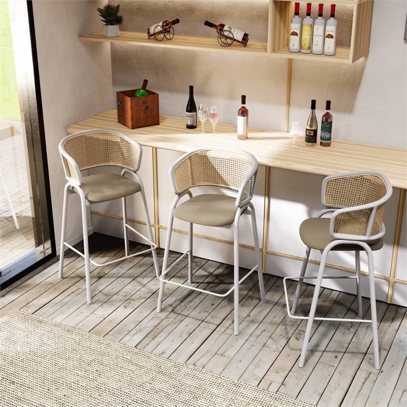 LeisureMod Ervilla Wicker Back and Leather Upholstered Bar Stool in Taupe/White