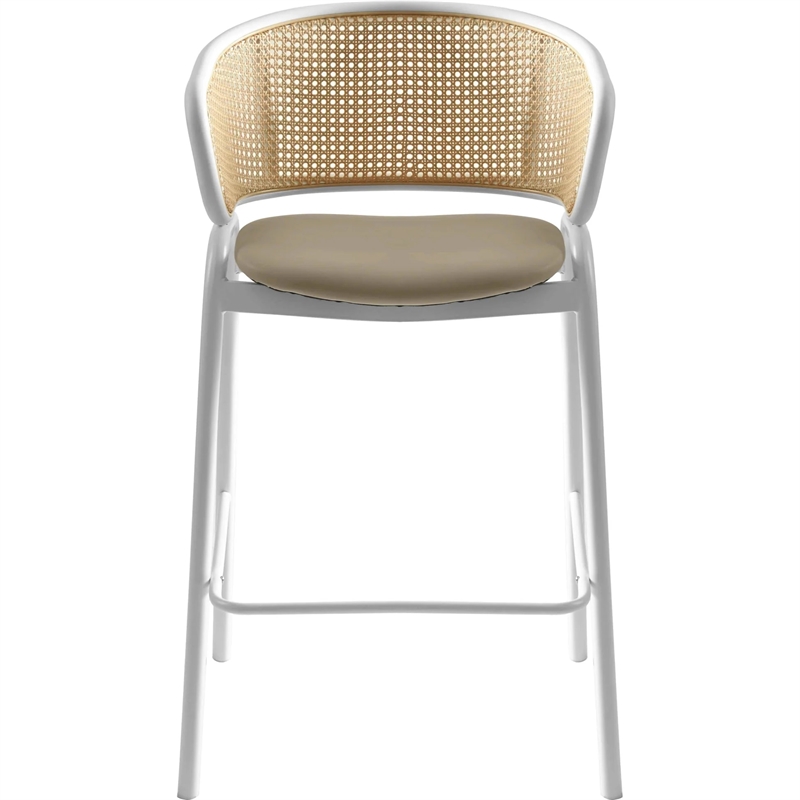 LeisureMod Ervilla Wicker Back and Leather Upholstered Bar Stool in Taupe/White