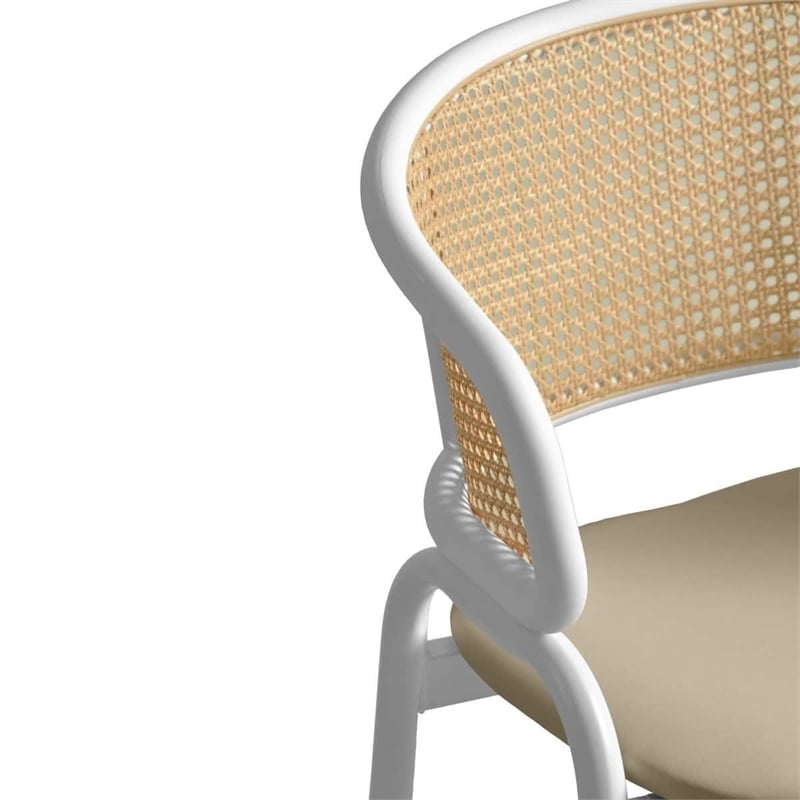 LeisureMod Ervilla Wicker Back and Leather Upholstered Bar Stool in Taupe/White
