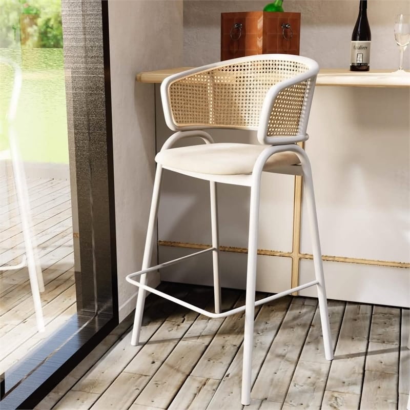 LeisureMod Ervilla Wicker Back and Leather Upholstered Bar Stool in White/White