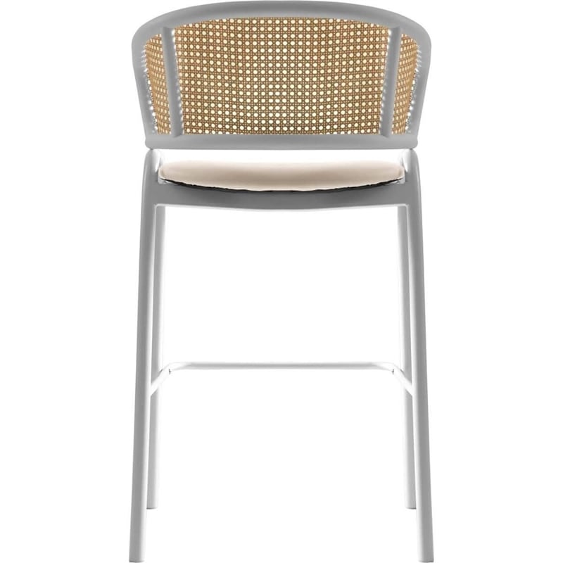 LeisureMod Ervilla Wicker Back and Leather Upholstered Bar Stool in White/White