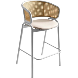 LeisureMod Ervilla Wicker Back and Leather Upholstered Bar Stool in White/White