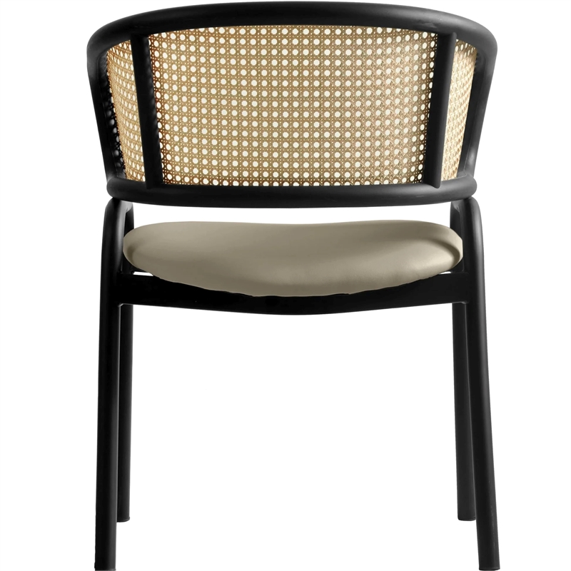 Ervilla Wicker Back and Leather Seat Dining Chair in Beige/Black (Set of 2)