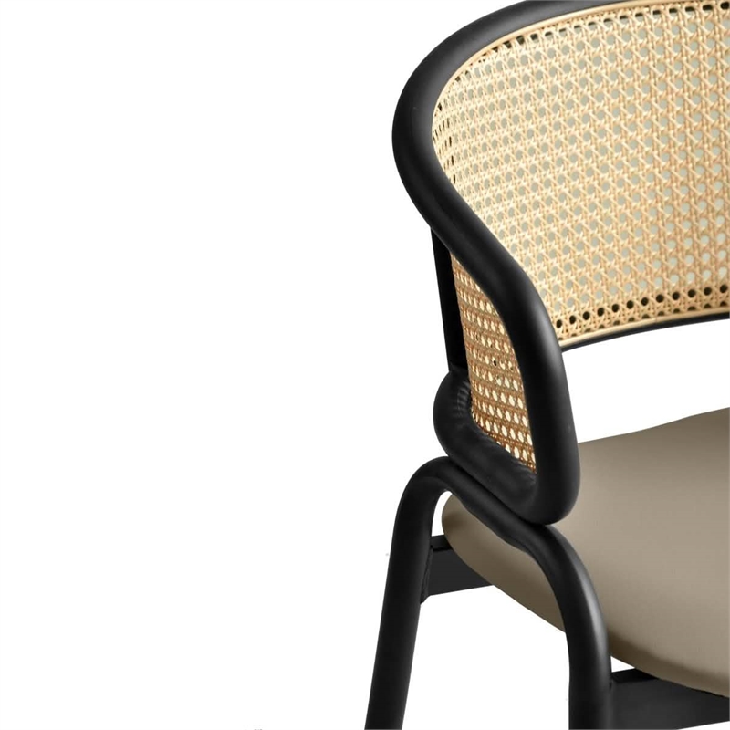 Ervilla Wicker Back and Leather Seat Dining Chair in Beige/Black (Set of 2)