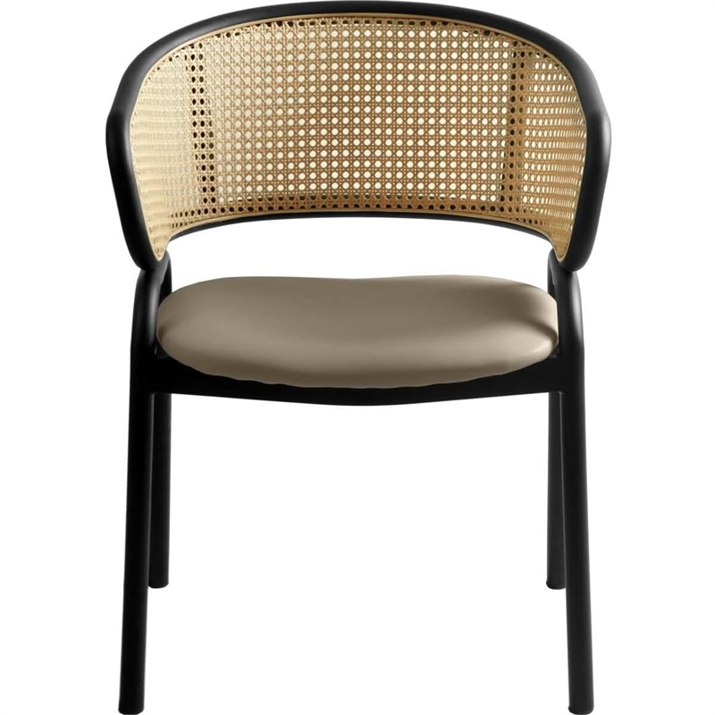 Ervilla Wicker Back and Leather Seat Dining Chair in Beige/Black (Set of 2)