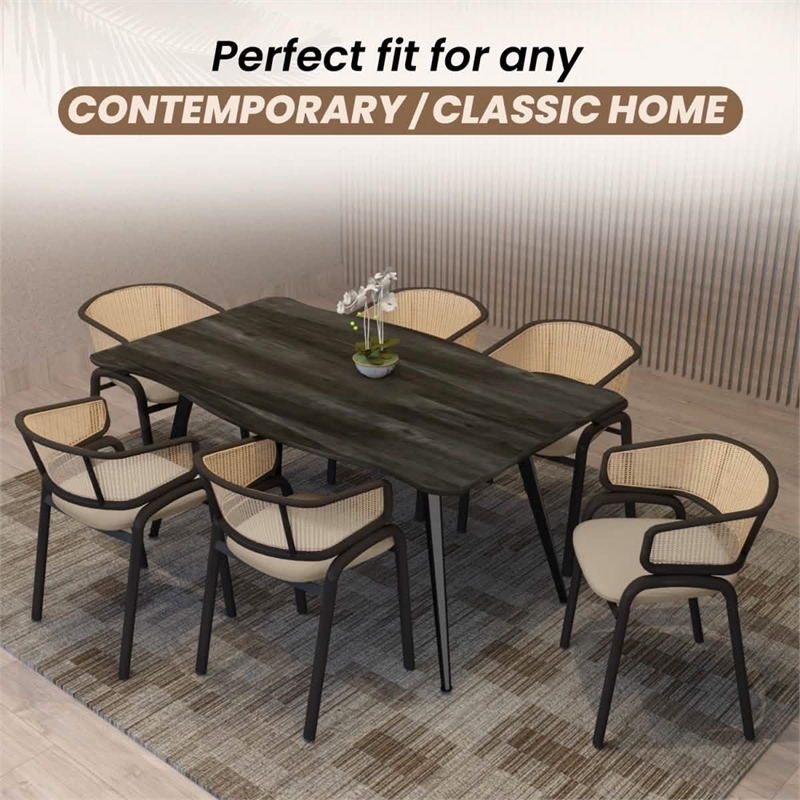 Ervilla Wicker Back and Leather Seat Dining Chair in Beige/Black (Set of 4)