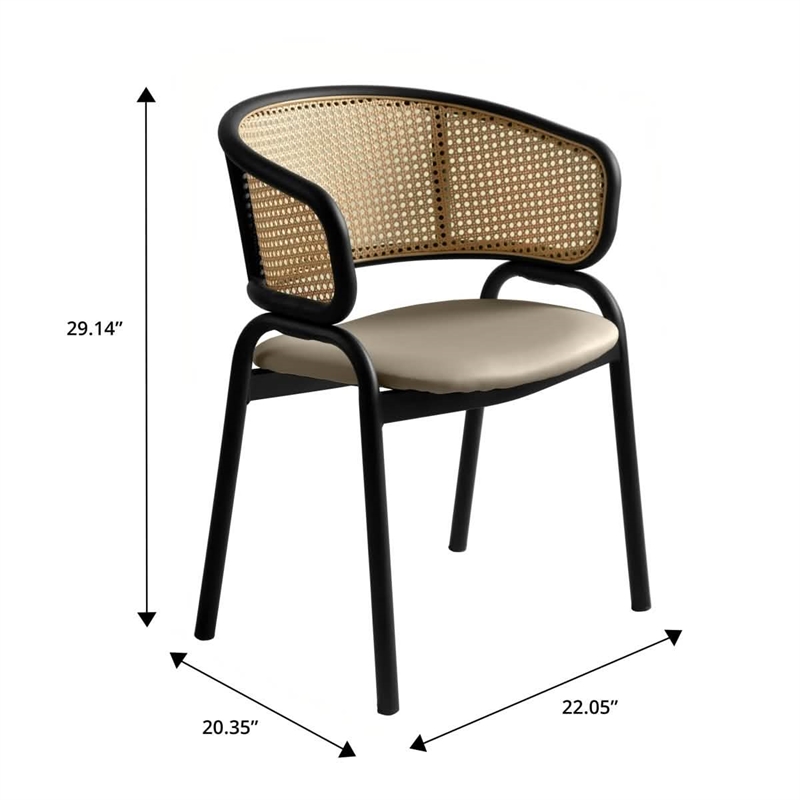 Ervilla Wicker Back and Leather Seat Dining Chair in Beige/Black (Set of 4)