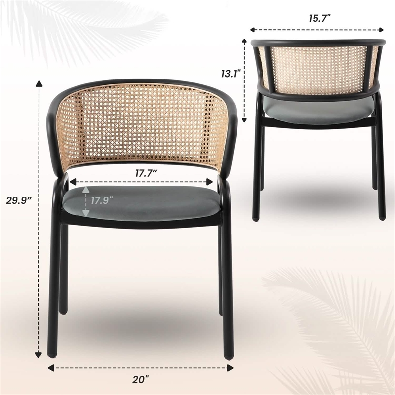 Ervilla Wicker Back and Leather Seat Dining Chair in Gray/Black (Set of 2)