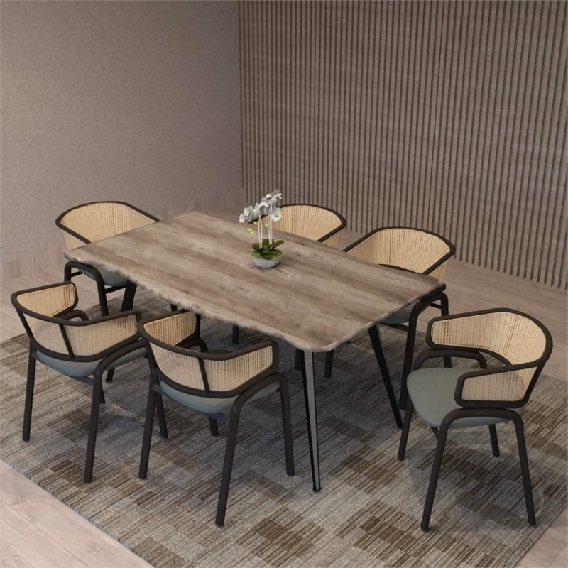 Ervilla Wicker Back and Leather Seat Dining Chair in Gray/Black (Set of 2)