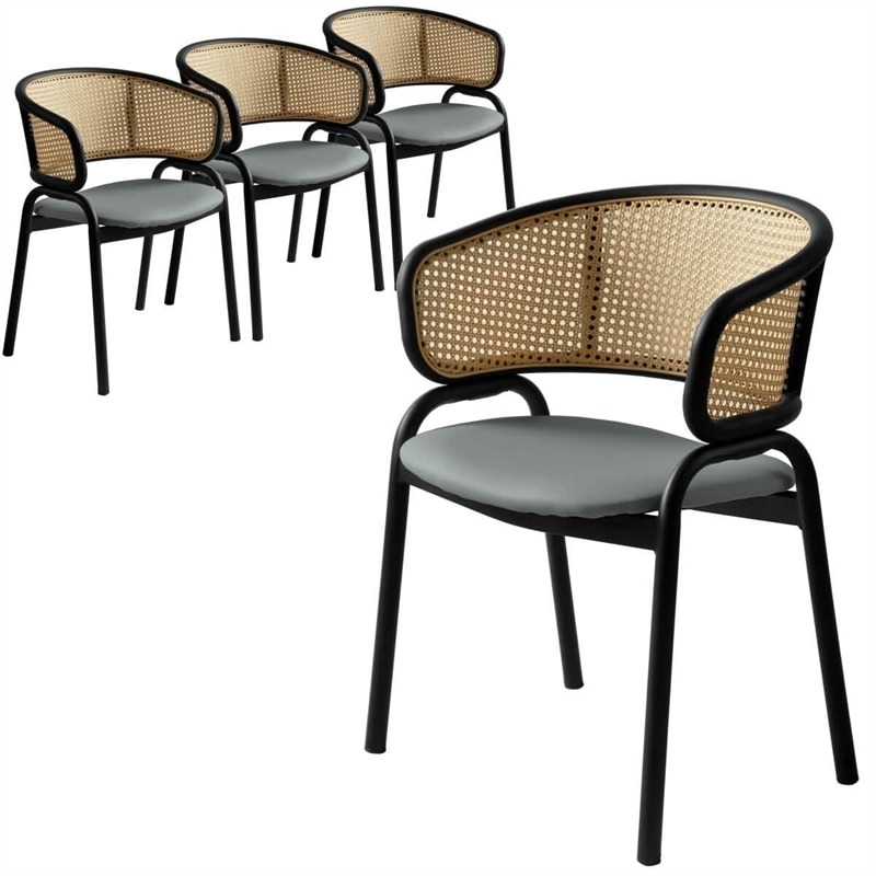Ervilla Wicker Back and Leather Seat Dining Chair in Gray/Black (Set of 4)