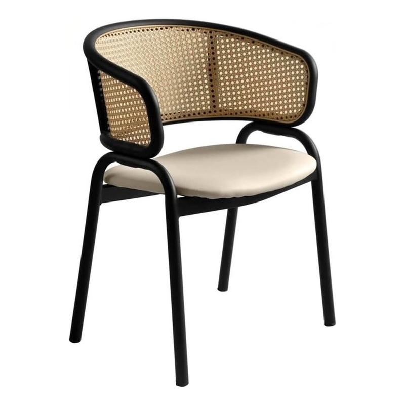 LeisureMod Ervilla Wicker Back and Leather Seat Dining Chair in Taupe/Black