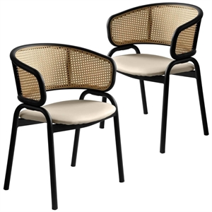 Ervilla Wicker Back and Leather Seat Dining Chair in Taupe/Black (Set of 2)