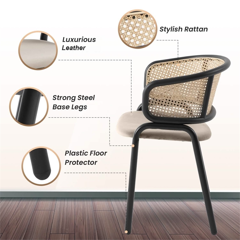 Ervilla Wicker Back and Leather Seat Dining Chair in Taupe/Black (Set of 4)