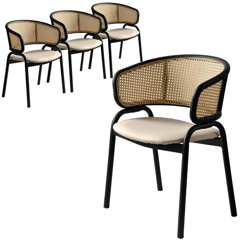 Ervilla Wicker Back and Leather Seat Dining Chair in Taupe/Black (Set of 4)