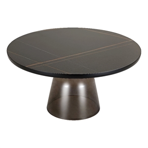 30&quot Round Coffee Table with Sintered Stone Top and Black Iron Rim in Gray/Black