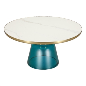 30&quot Round Coffee Table with Sintered Stone Top and Gold Iron Rim in Blue/White