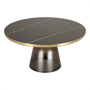 30&quot Round Coffee Table with Sintered Stone Top and Gold Iron Rim in Gray/Black
