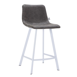 LeisureMod Elland Leather Upholstery Bar Stool in Gray/White Iron Leg & Footrest