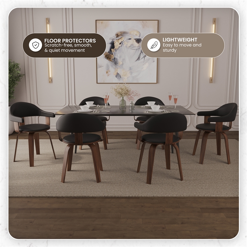 LeisureMod Brivo Leather Seat Swivel Dining Chair in Black/Walnut Frame